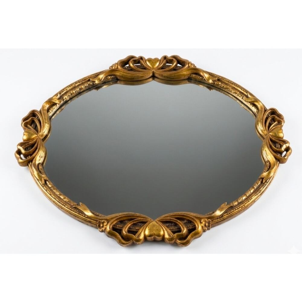 Vintage MCM Gold Heart Bow Ornate Oval Mirror 17"X13"